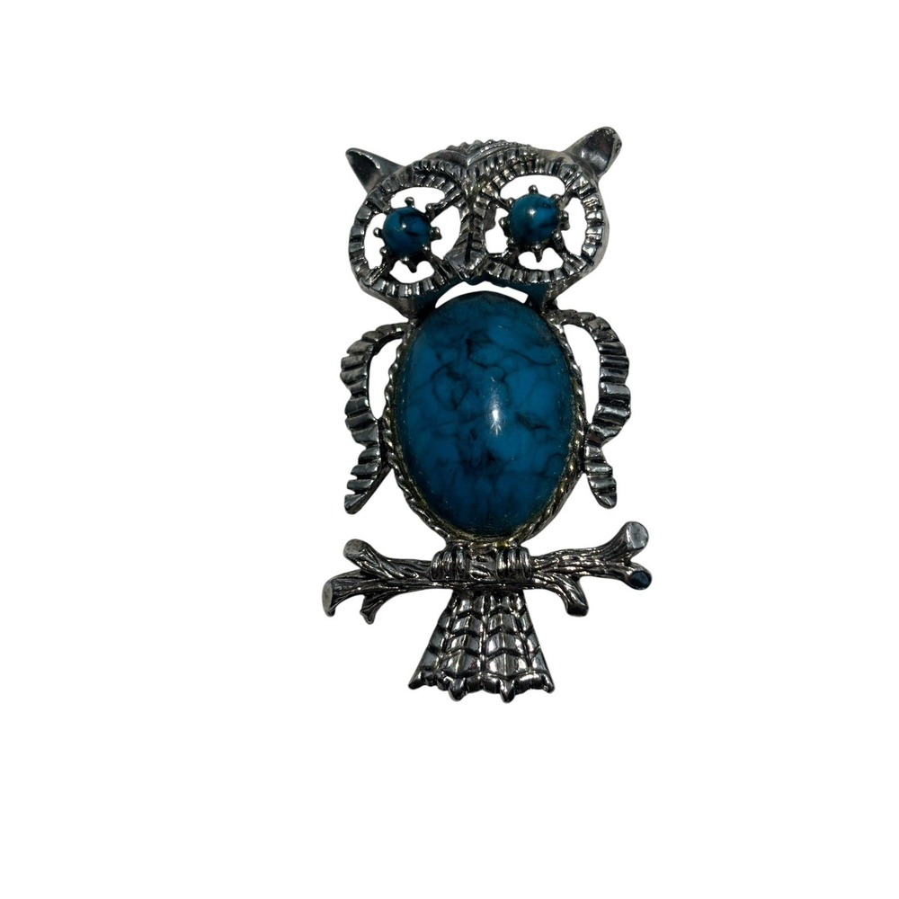 Vintage Gerry's Silver Tone Faux Turquoise Stone Perched Owl Bird Brooch Pin